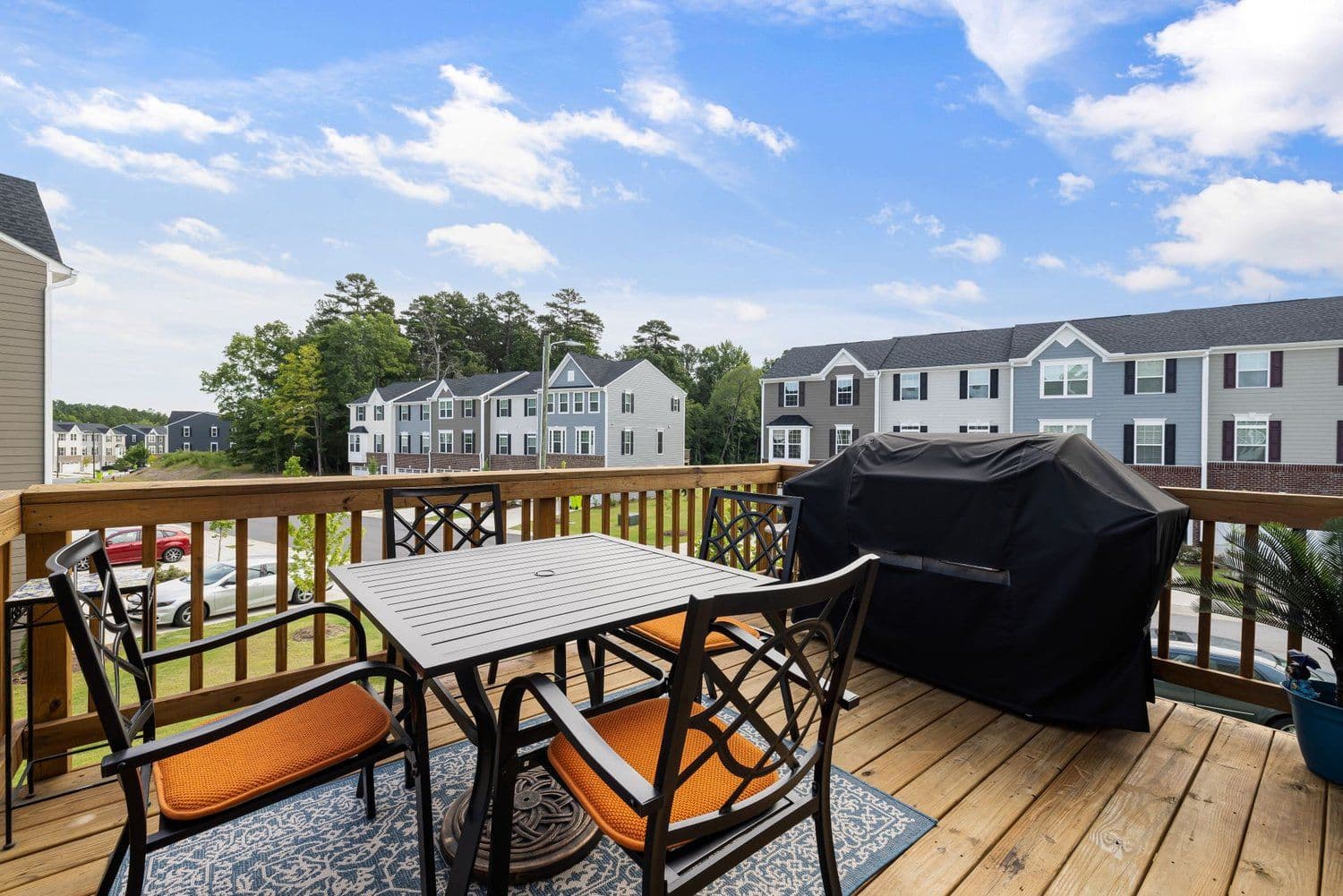 A finished backyard wood deck